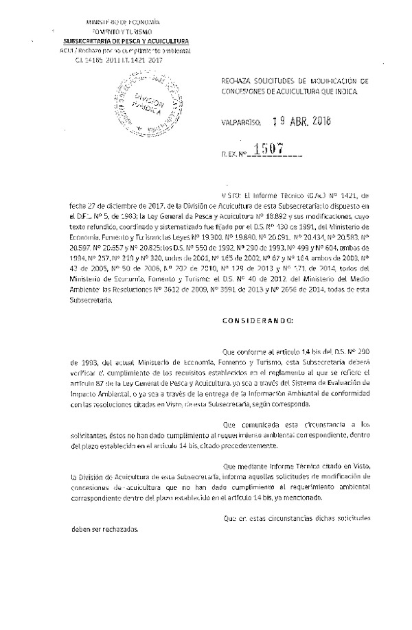 Res. Ex. N° 1507-2018 Rechaza solicitudes de modificación de concesiones de acuicultura que indica.