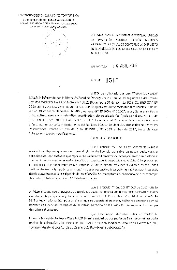 Res. Ex. N° 1517-2018 Autoriza cesión Sardina común XIV Región.