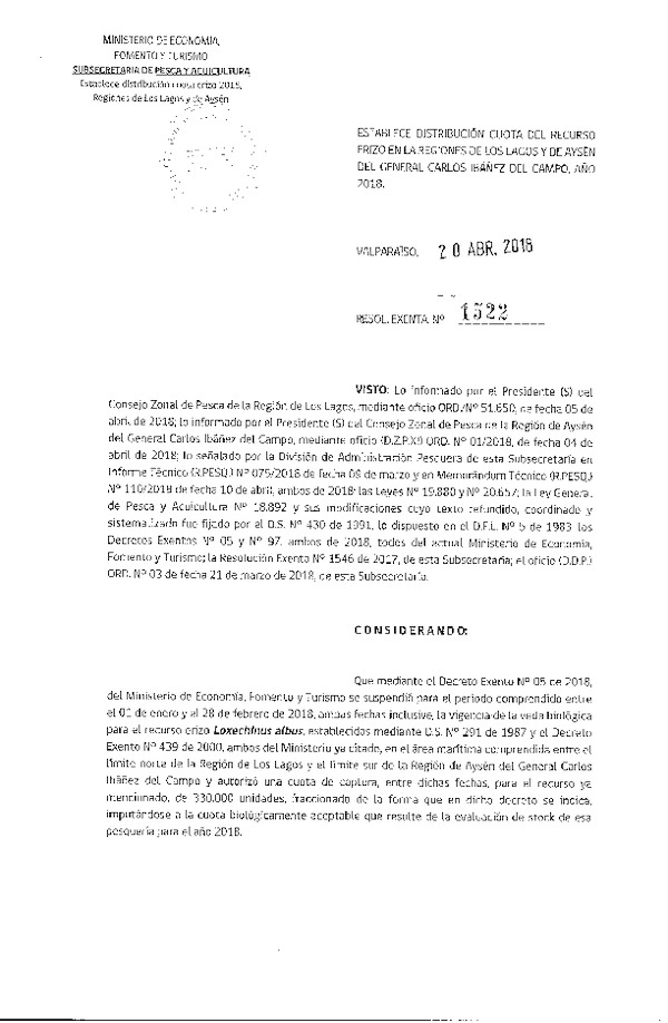 Res. Ex. N° 1522-2018 Establece Distribución Cuota del Recurso Erizo, Regiones de Los Lagos y de Aysén del General Carlos Ibáñez del Campo, Año 2018. (Publicado en Página Web 20-04-2018) (F.D.O. 27-04-2018)