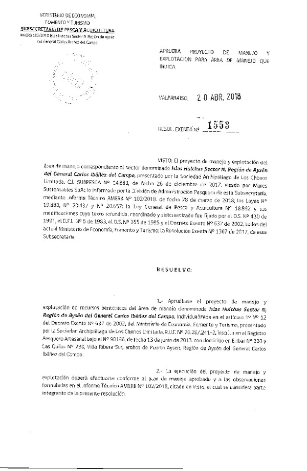 Res. Ex. N° 1553-2018 Plan de Manejo.