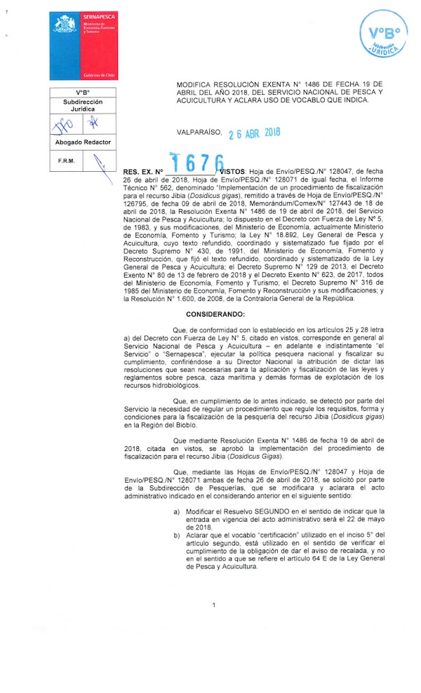 Res. Ex. N° 1676-2018 Modifica Res. Ex. N° 1486-2018 (Sernapesca) Aprueba Implementación de Procedimiento de Fiscalización para el Recurso Jibia (Dosidicus Gigas) Publicado en Página Web 27-04-2018)