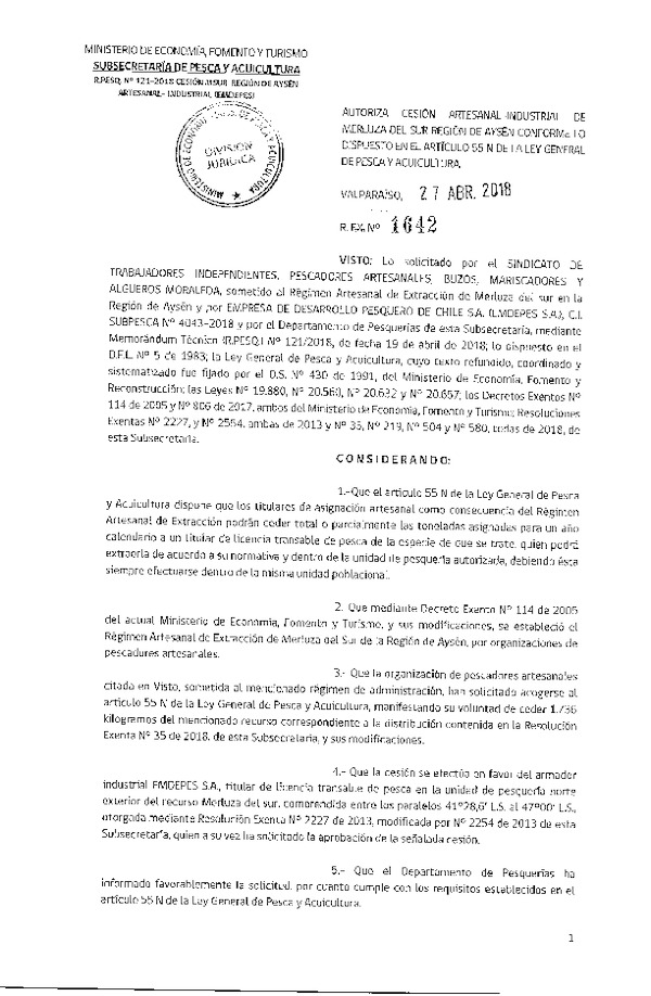 Res. Ex. N° 1642-2018 Cesión Merluza del sur Región de Aysén.