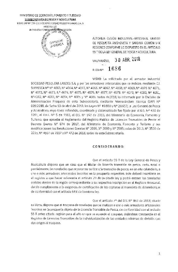 Res. Ex. N° 1686-2018 Autoriza cesión anchoveta y sardina común Región del Biobío.