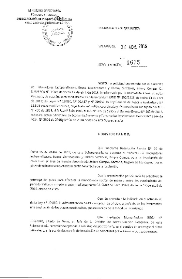 Res. Ex. N° 1675-2018 Prorroga Acción de Manejo.