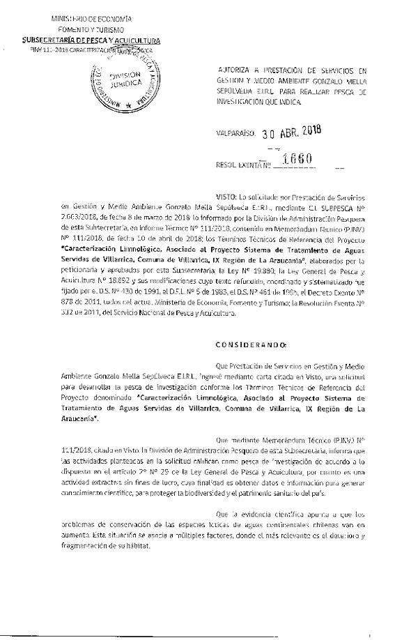 Res. Ex. N° 1660-2018 Caracterización limnológica, comuna de Villarica, Región de La Araucanía.