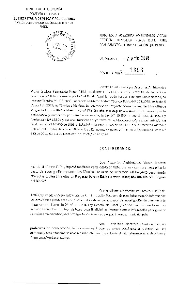 Res. Ex. N° 1696-2018 Caracterización limnológica, Región del Biobío.
