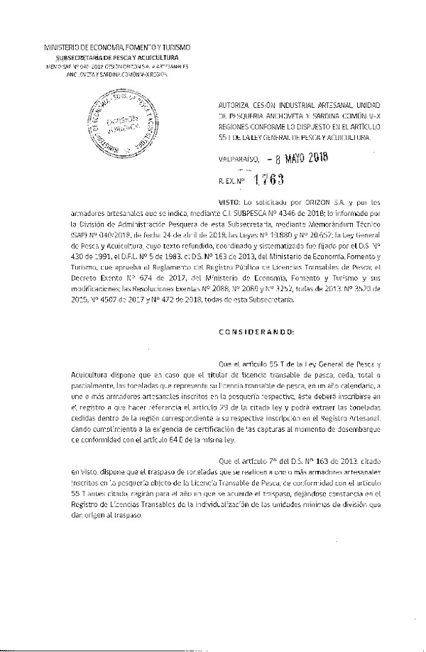 Res. Ex. N° 1763-2018 Autoriza cesión anchoveta y sardina común Región del Biobío.