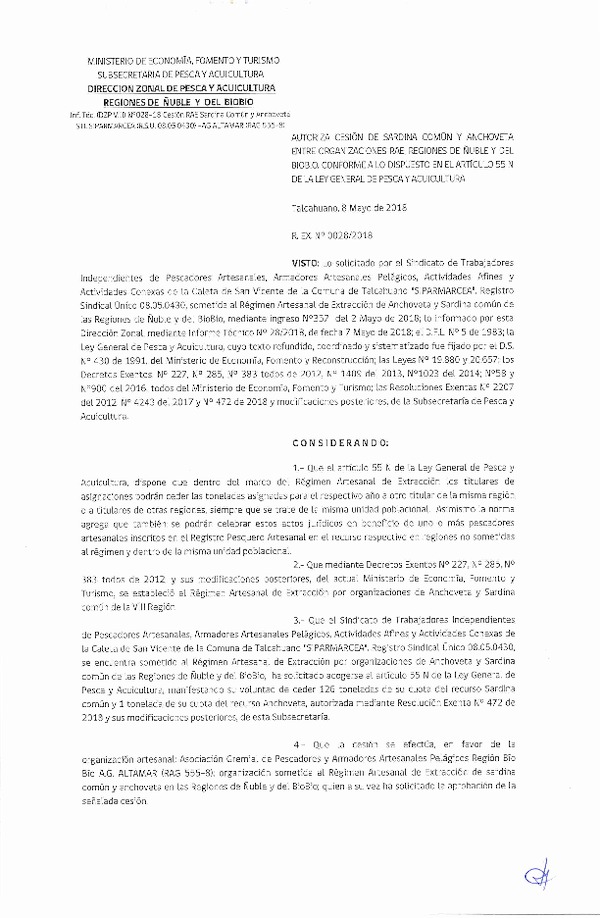 Res. Ex. N° 28-2018 (DZP VIII) Autoriza Cesión Anchoveta y Sardina común, Regiones de Ñuble y del Biobío.