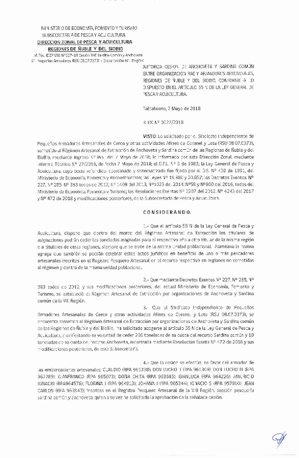 Res. Ex. N° 27-2018 (DZP VIII) Autoriza Cesión Anchoveta y Sardina común, Regiones de Ñuble y del Biobío.