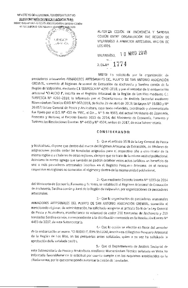 Res. Ex. N° 1774-2018 Autoriza cesión Anchoveta y Sardina Común, Región de Valparaíso.