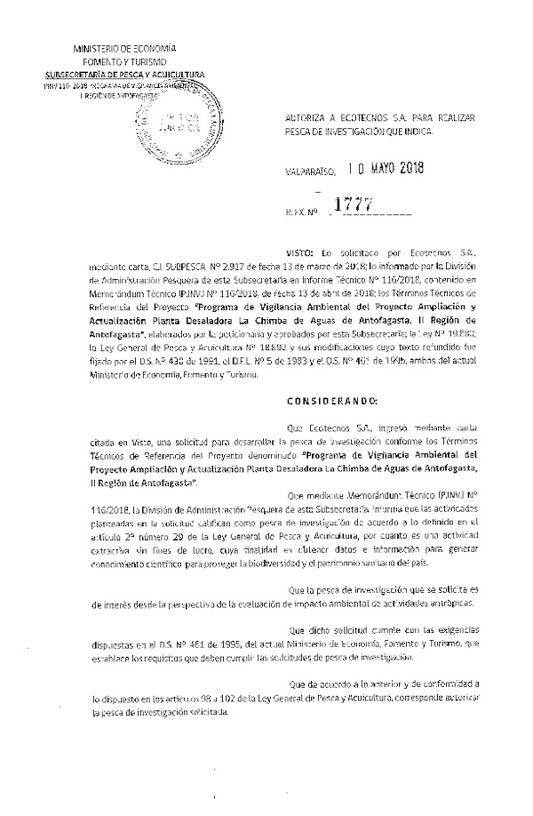 Res. Ex. N° 1777-2018 Programa de vigilancia ambiental Región de Antofagasta.