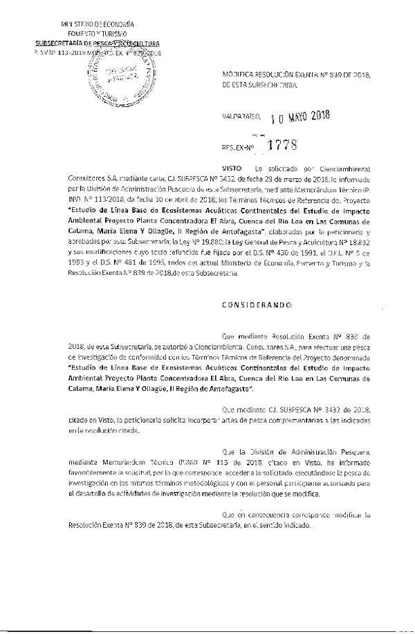Res. Ex. N° 1778-2018 Modifica Res. Ex. N° 839-2018 Estudio línea base de ecosistemas acuáticos, II Región de Antofagasta.