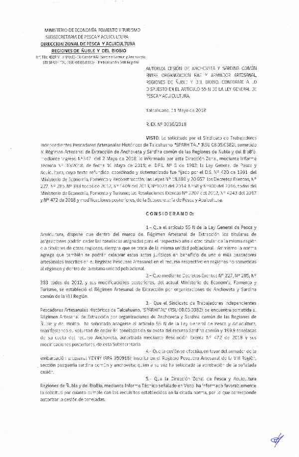 Res. Ex. N° 30-2018 (DZP VIII) Autoriza Cesión Anchoveta y Sardina común, Regiones de Ñuble y del Biobío.