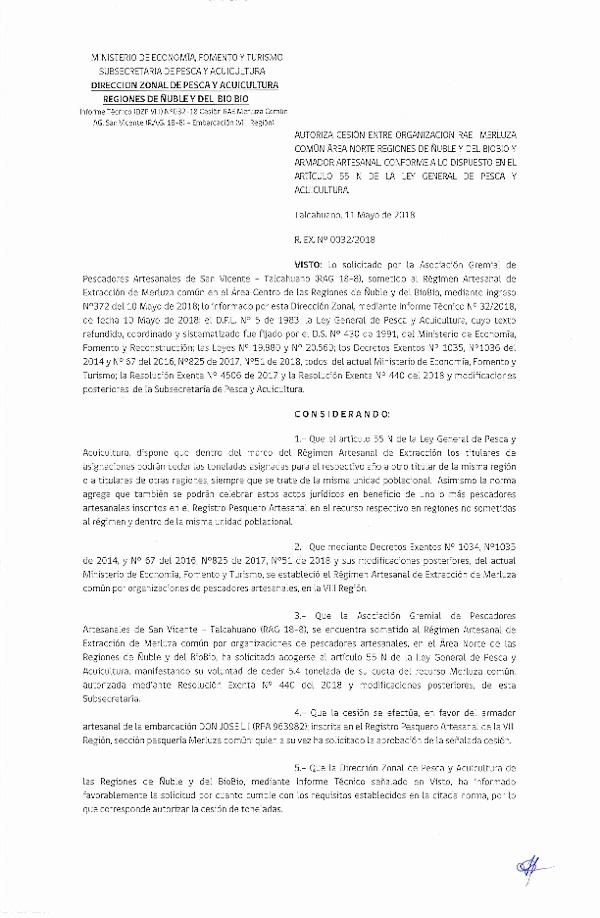 Res. Ex. N° 32-2018 (DZP VIII) Autoriza Cesión Merluza común, Regiones de Ñuble y del Biobío.