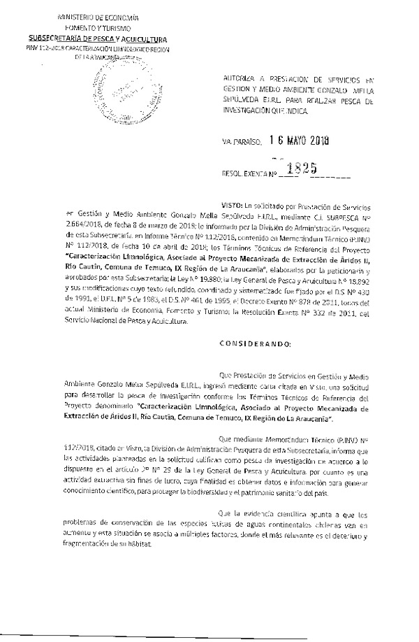 Res. Ex. N° 1825-2018 Caracterización limnológica, Región de La Araucanía.