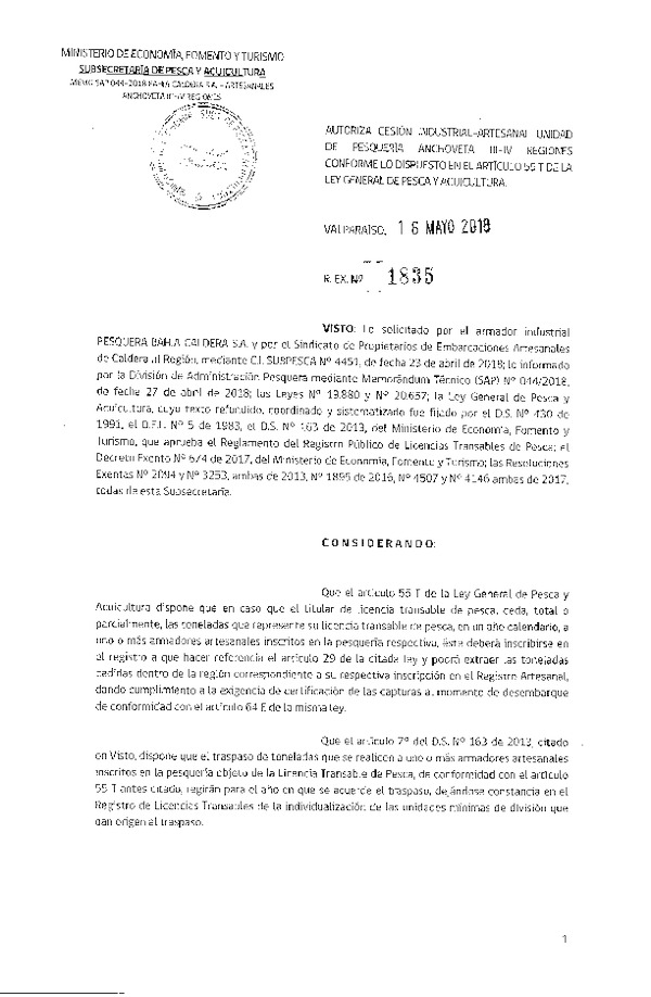 Res. Ex. N° 1835-2018 Autoriza cesión anchoveta Región del Región de Coquimbo.