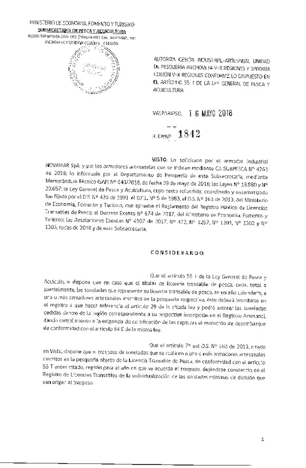 Res. Ex. N° 1842-2018 Autoriza cesión anchoveta Región del Región del Biobío.