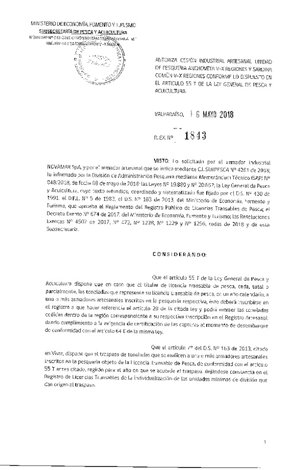Res. Ex. N° 1843-2018 Autoriza cesión anchoveta Región del Región del Biobío.
