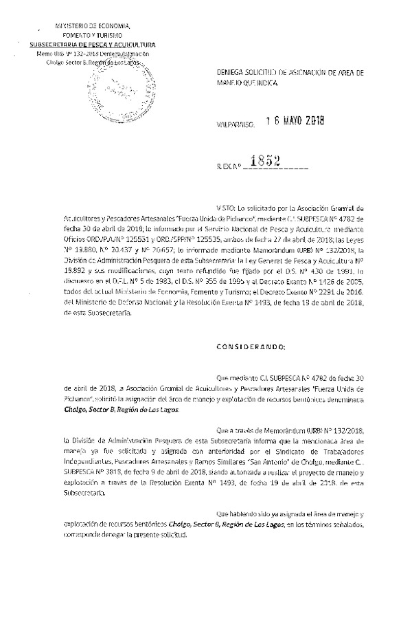 Res. Ex. N° 1852-20018 Deniega Solicitud de Asignación de Área de Manejo.
