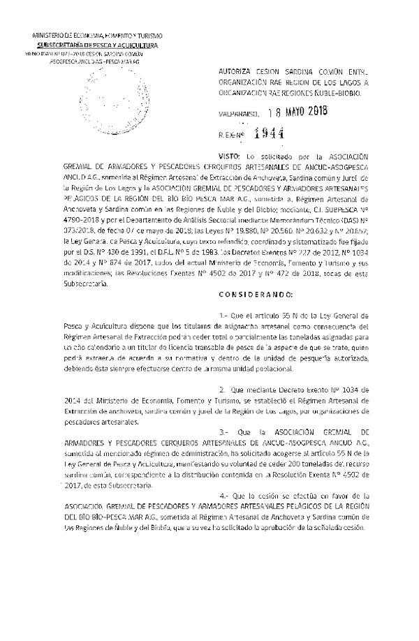 Res. Ex. N° 1944-2018 Autoriza cesión Sardina Común, Región del Biobío.