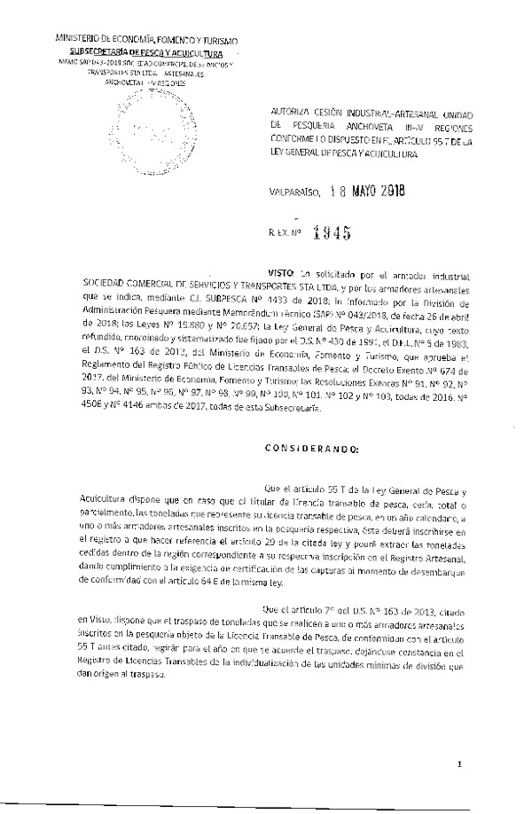Res. Ex. N° 1945-2018 Autoriza cesión anchoveta Región del Región de Atacama.