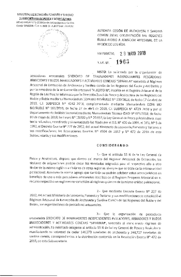 Res. Ex. N° 1963-2018 Autoriza cesión Anchoveta y Sardina Común, Región del Biobío a Región de Los Ríos.