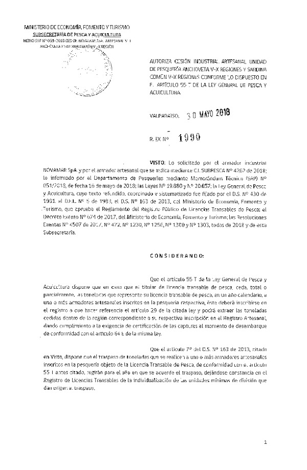 Res. Ex. N° 1990-2018 Autoriza cesión Anchoveta y Sardina común Región del Biobío.