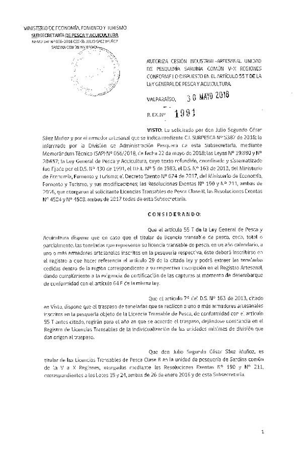 Res. Ex. N° 1991-2018 Autoriza cesión Sardina común Región de los Ríos.