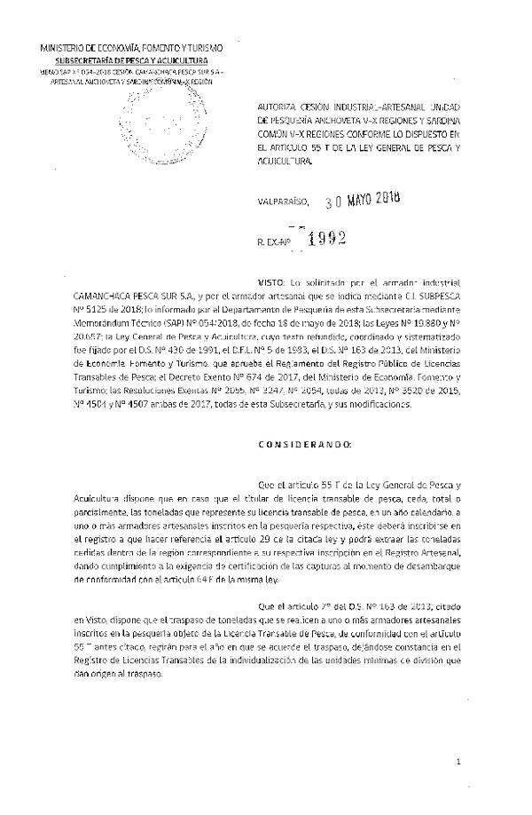 Res. Ex. N° 1992-2018 Autoriza cesión Sardina común Región de los Ríos.
