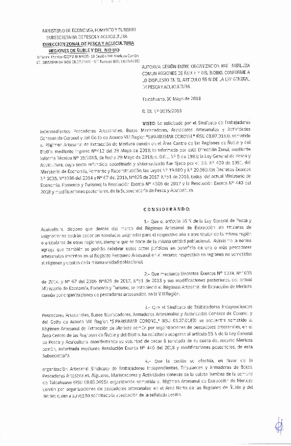 Res. Ex. N° 35-2018 (DZP VIII) Autoriza Cesión Merluza común, Regiones de Ñuble y del Biobío.