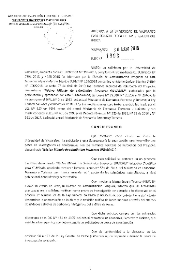 Res. Ex. N° 1993-2018 Núcleo milenio de salmónidos invasores (INVASAL).
