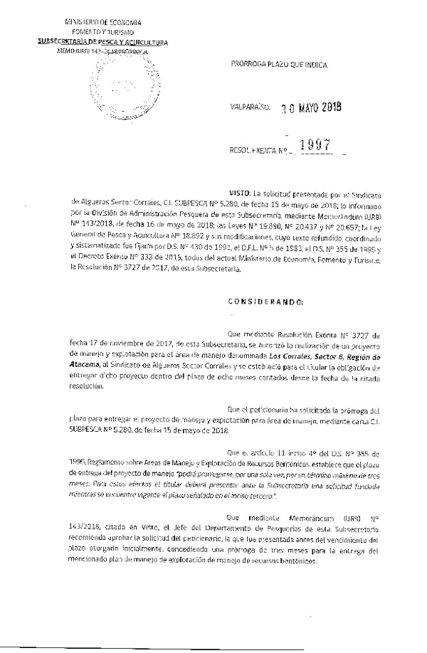Res. Ex. N° 1997-2018 Prorroga Plan de Manejo.