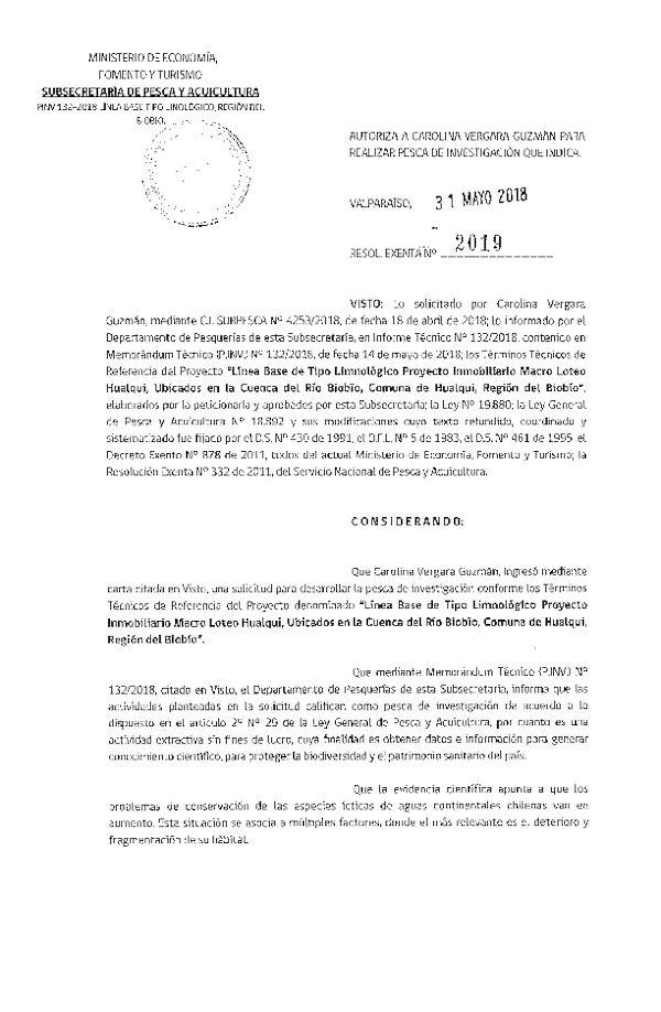 Res. Ex. N° 2019-2018 Línea base tipo limnológico, Región del Biobío.