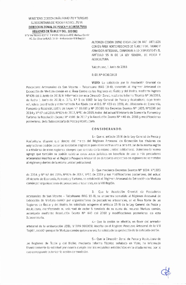 Res. Ex. N° 36-2018 (DZP VIII) Autoriza Cesión Merluza común, Regiones de Ñuble y del Biobío.