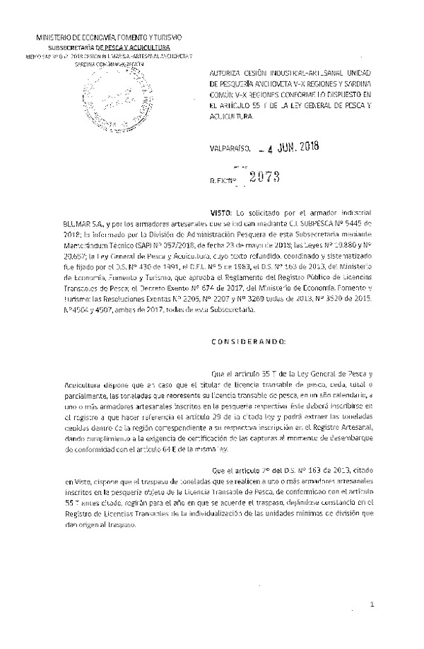 Res. Ex. N° 2073-2018 Autoriza cesión Anchoveta y Sardina común Región de Los Ríos.