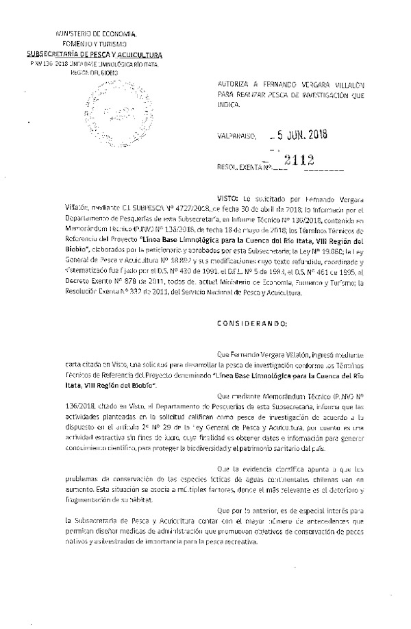 Res. Ex. N° 2112-2018 Línea base limnológica, Región del Biobío.