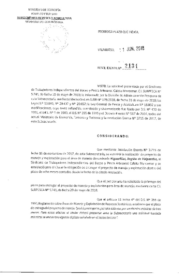 Res. Ex. N° 2134-2018 Prorroga Plan de Manejo.