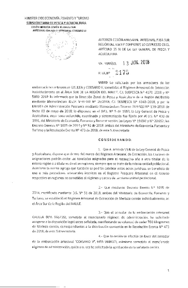 Res. Ex. N° 2175-2018 Autoriza cesión Merluza común, Región del Maule.