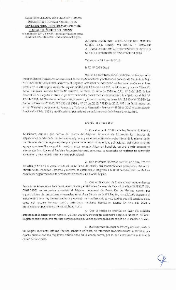 Res. Ex. N° 39-2018 (DZP VIII) Autoriza Cesión Merluza común, Regiones de Ñuble y del Biobío.