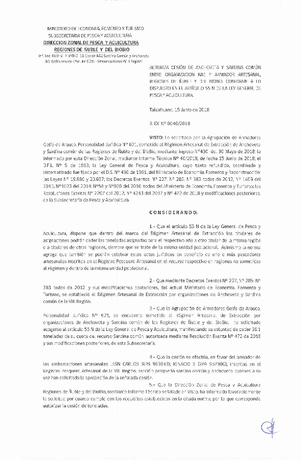 Res. Ex. N° 40-2018 (DZP VIII) Autoriza Cesión Anchoveta y Sardina común.