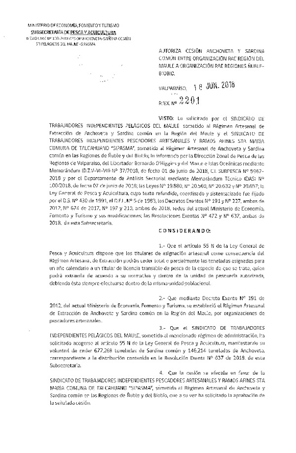 Res. Ex. N° 2201-2018 Autoriza cesión Anchoveta y Sardina Común, Región del Maule.