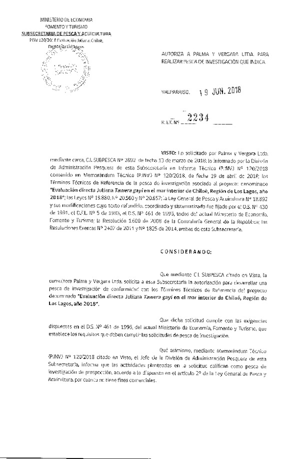 Res. Ex N° 2234-2018 Evaluación directa del recurso Juliana en el mar interior de Chiloé, Región de Los Lagos, año 2018.