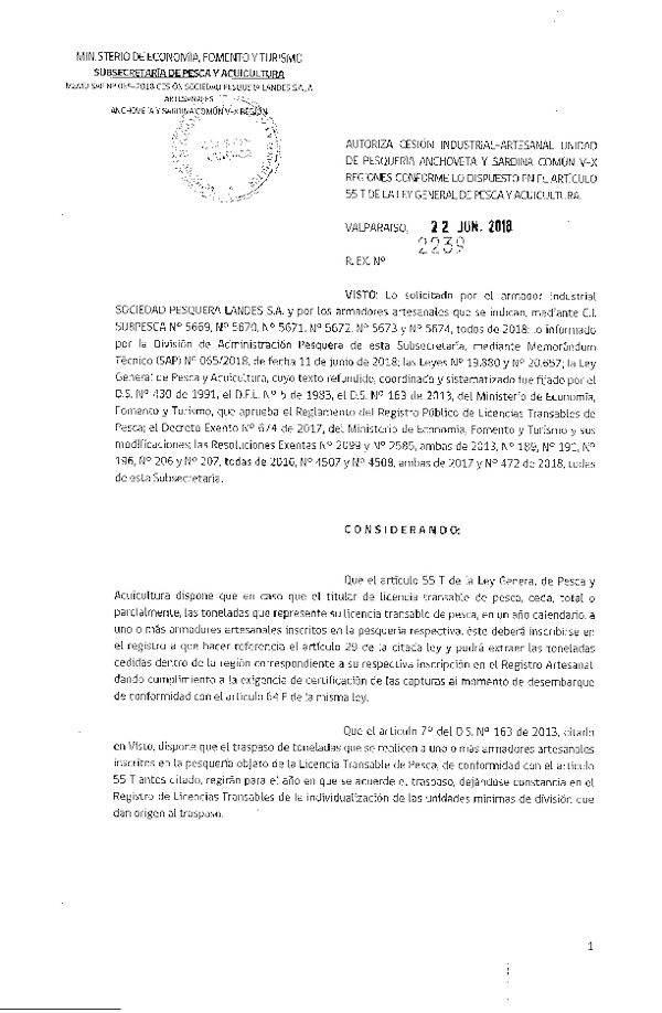 Res. Ex. N° 2239-2018 Autoriza cesión Anchoveta y Sardina común Región del Biobío.