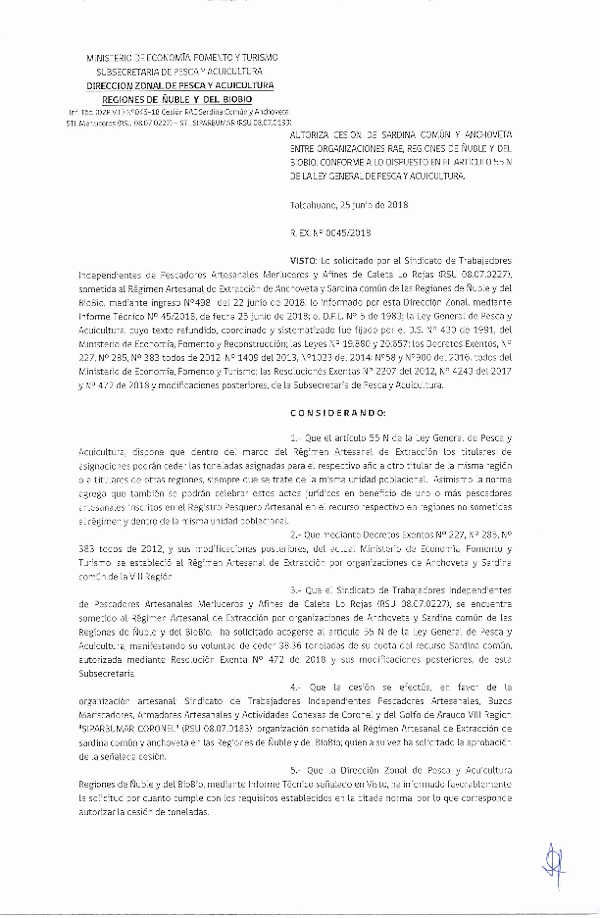 Res. Ex. N° 45-2018 (DZP VIII) Autoriza Cesión Anchoveta y Sardina común.