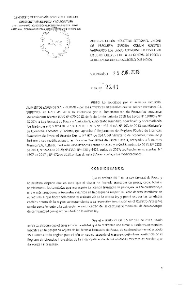 Res. Ex. N° 2241-2018 Autoriza Cesión Sardina común, Regiones de Valparaíso a Los Lagos.