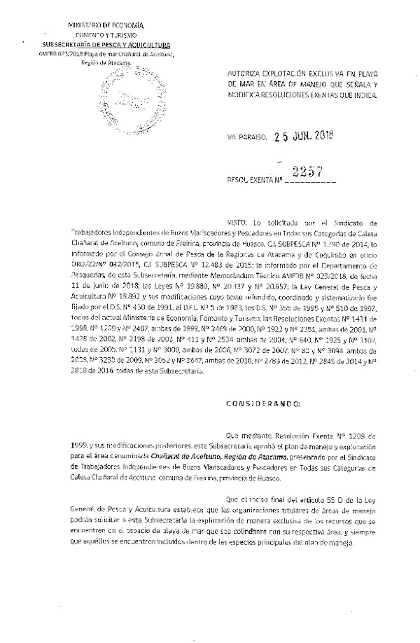 Res. Ex. N° 2257-2018 Autoriza Explotación Exclusiva en Playa de Mar.