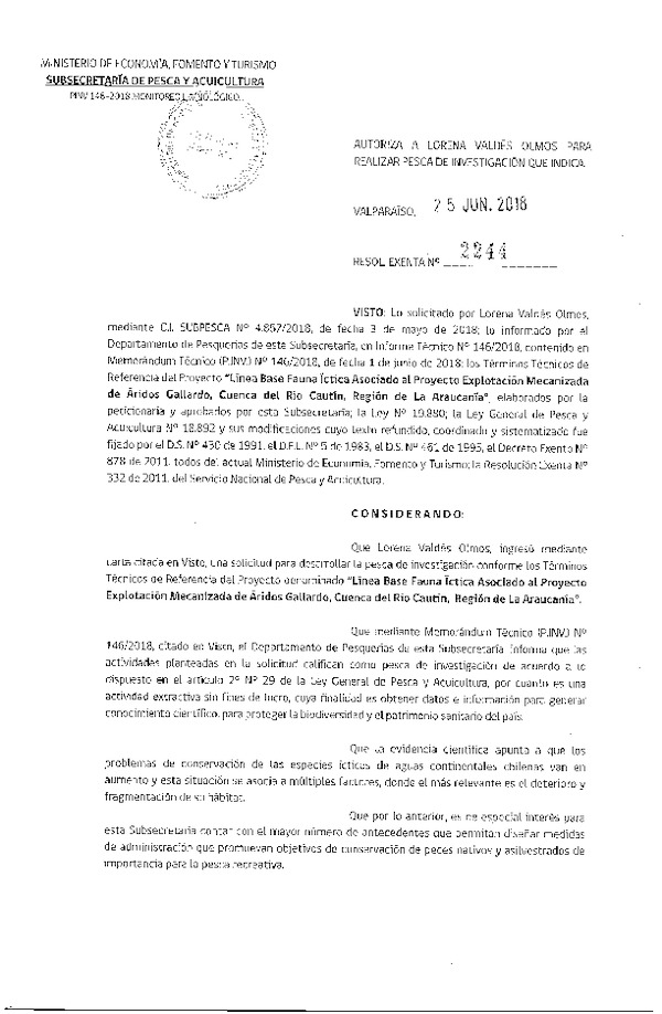 Res. Ex. N° 2244-2018 Línea base fauna íctica, Región de La Araucanía.