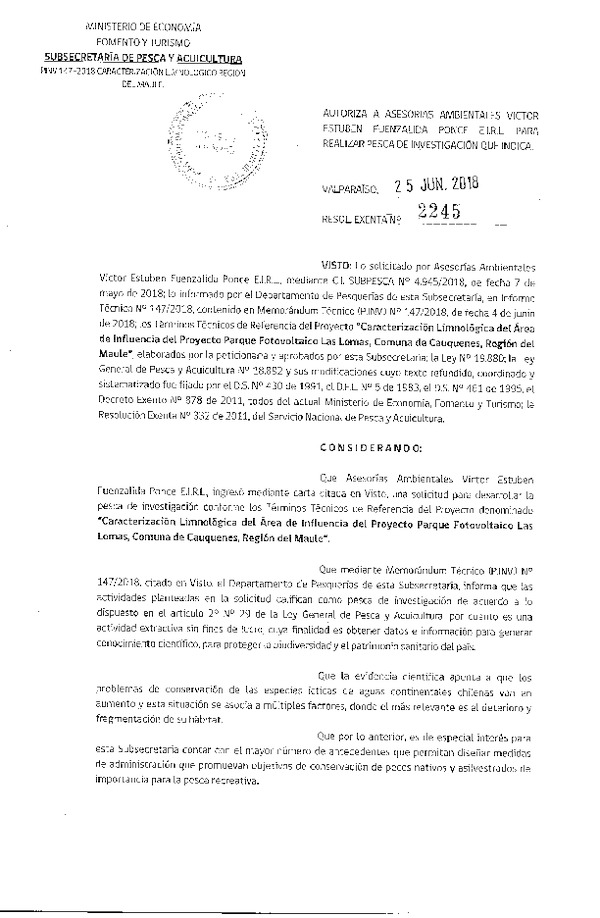 Res. Ex. N° 2245-2018 Caracterización limnológica Región del Maule.