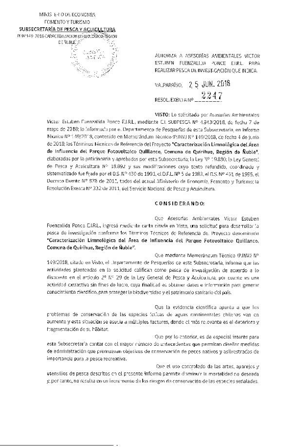Res. Ex. N° 2247-2018 Caracterización limnológica, Región de Ñuble.