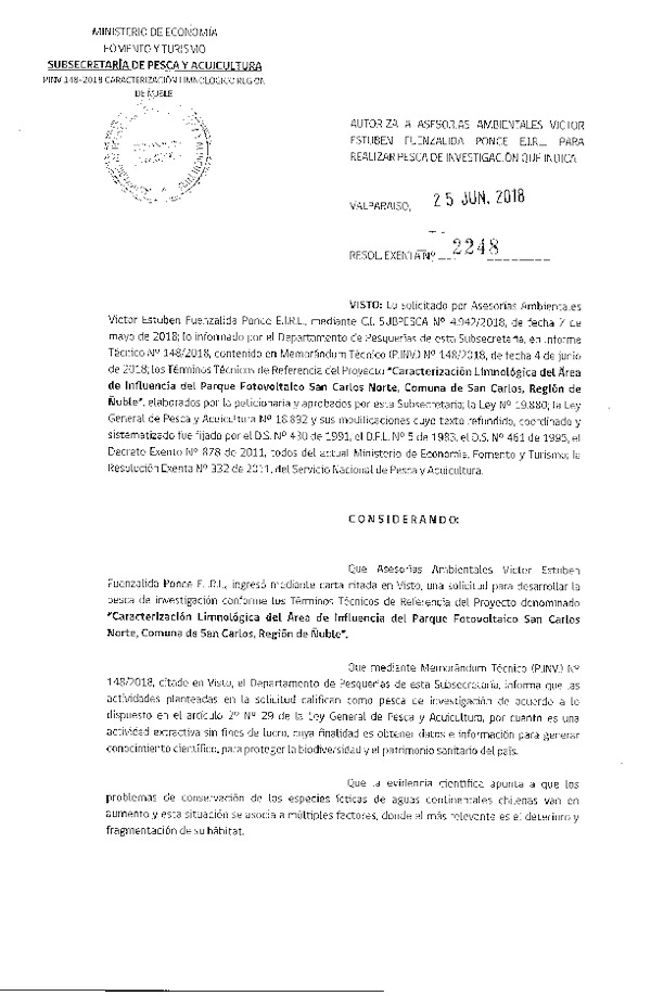 Res. Ex. N° 2248-2018 Caracterización limnológica, Región de Ñuble.